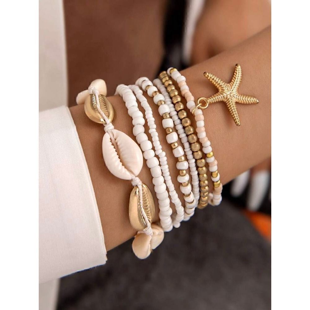 Bohemian Style Mixed Beads Bracelet Set Along with Alloy Star, White